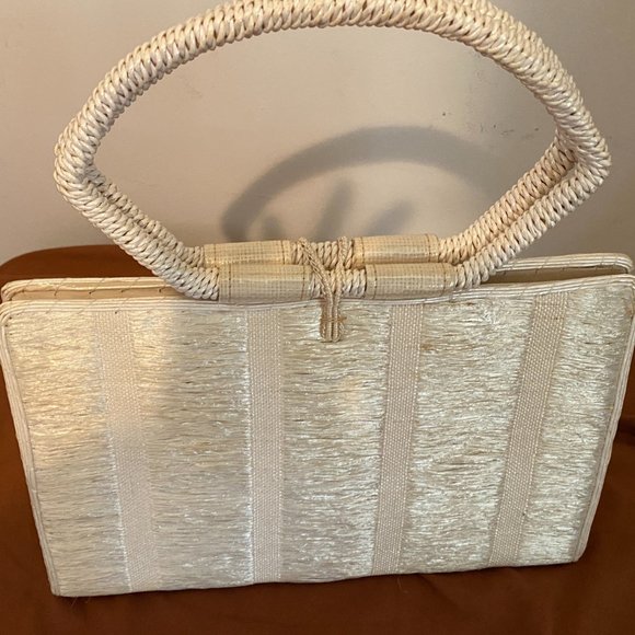 Vintage Straw purse with pill-box hat, 3/4 length leather gloves - 1960s or ?